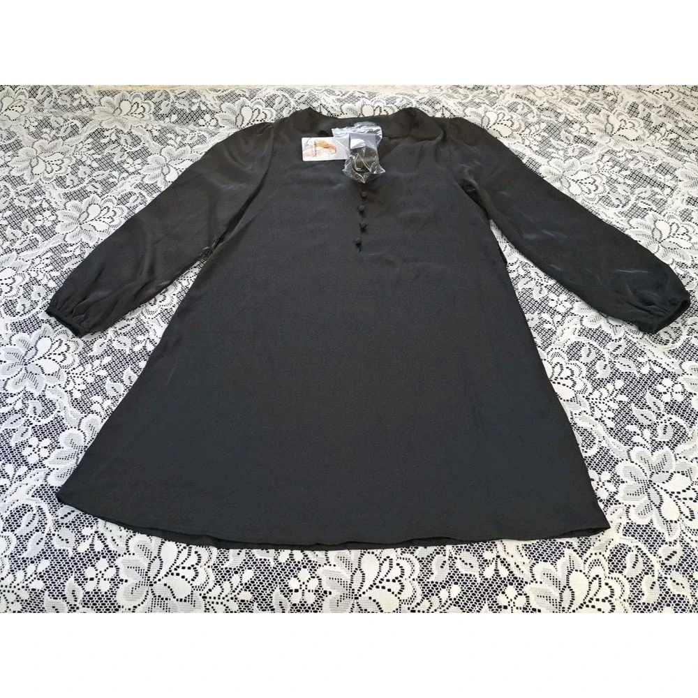 Pretty Garden Dress M Black V Neck Balloon Sleeves Satin‎ Tie Knee Length NWT